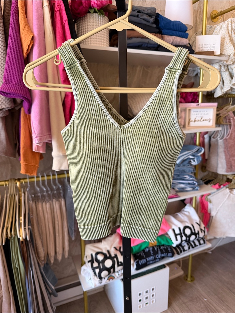 Zenana Outfitters Olive Green Ribbed V-Neck Tank